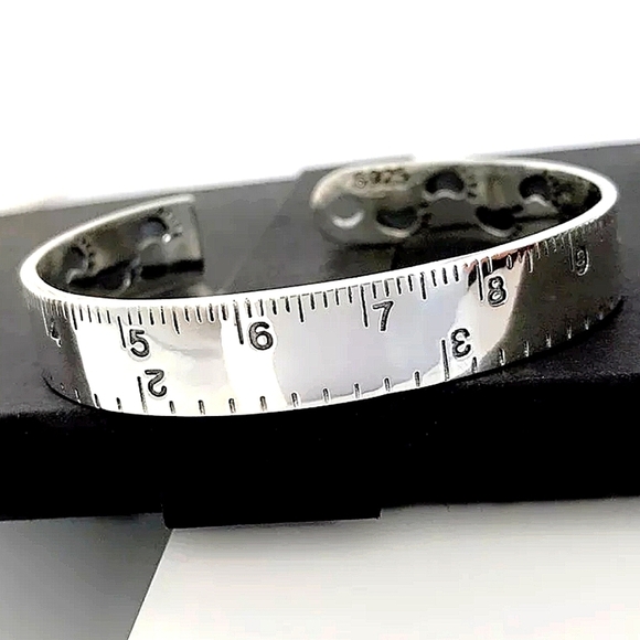 Ruler Design Sterling Silver Matching Bangle Cuff Bracelet Ring Set - Picture 4 of 11